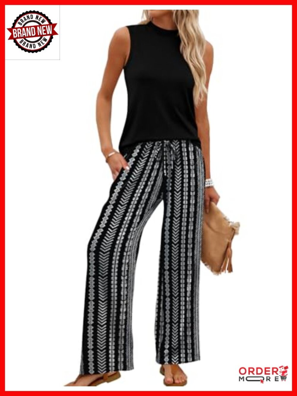 Mock Neck Sleeveless Top & Wide Leg Pants Set - Women's Two Piece Outfit